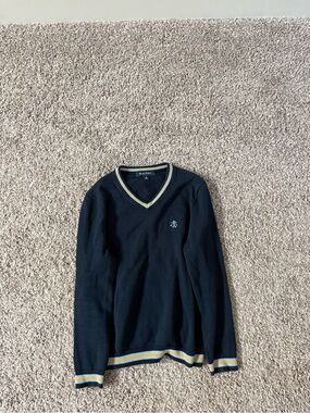 Brooks Brothers Navy V-Neck Sweater with Yellow & White Stripe Trim